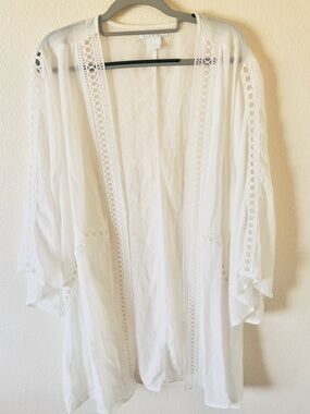 L.I.F.E.-Lightweight White Lace-Trim Kimono Cardigan Size 1X